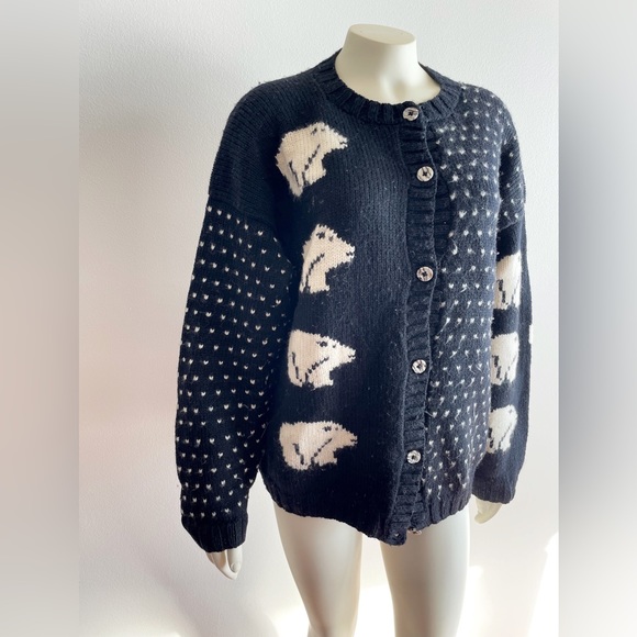 Nomadic Traders Black White Bear Wool Button Down Sweater Made in Peru Medium - Picture 3 of 9